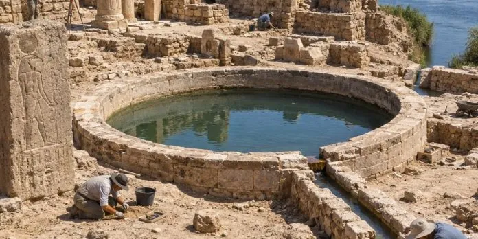 Ricostruzione illustrativa del santuario di Pelousios scoperto a Tell el-Farma nel Sinai egiziano, con il grande bacino circolare collegato al Nilo.
