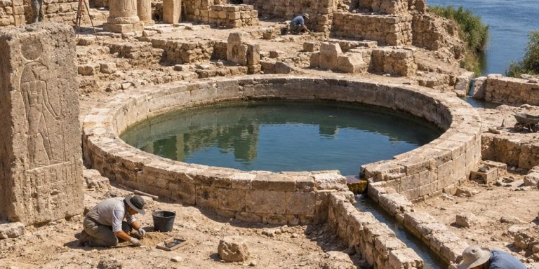 Ricostruzione illustrativa del santuario di Pelousios scoperto a Tell el-Farma nel Sinai egiziano, con il grande bacino circolare collegato al Nilo.