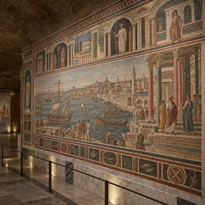 Ricostruzione illustrativa del Grande Mosaico nelle gallerie sotterranee delle Terme di Traiano a Roma