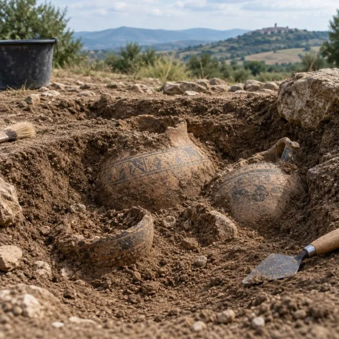 Ricostruzione illustrativa di recipienti ceramici piceni durante uno scavo archeologico