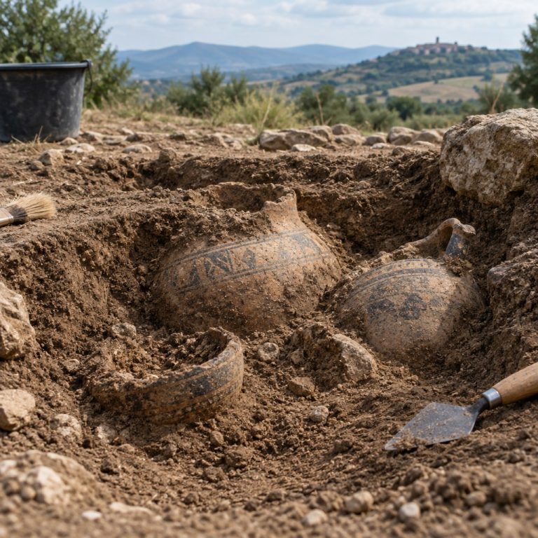 Ricostruzione illustrativa di recipienti ceramici piceni durante uno scavo archeologico