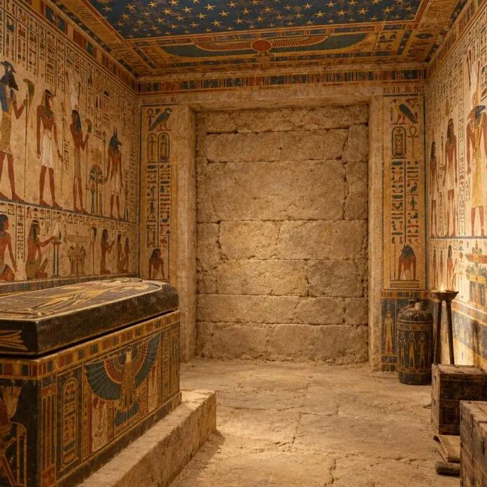 Ricostruzione illustrativa della tomba di Tutankhamon con possibili ambienti nascosti oltre una parete della KV62