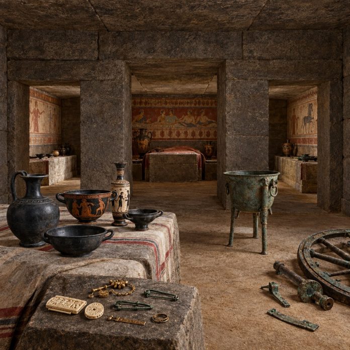 Ricostruzione illustrativa della Tomba della Camera di pietra di Vulci con corredo funerario etrusco della fine del VII secolo a.C.