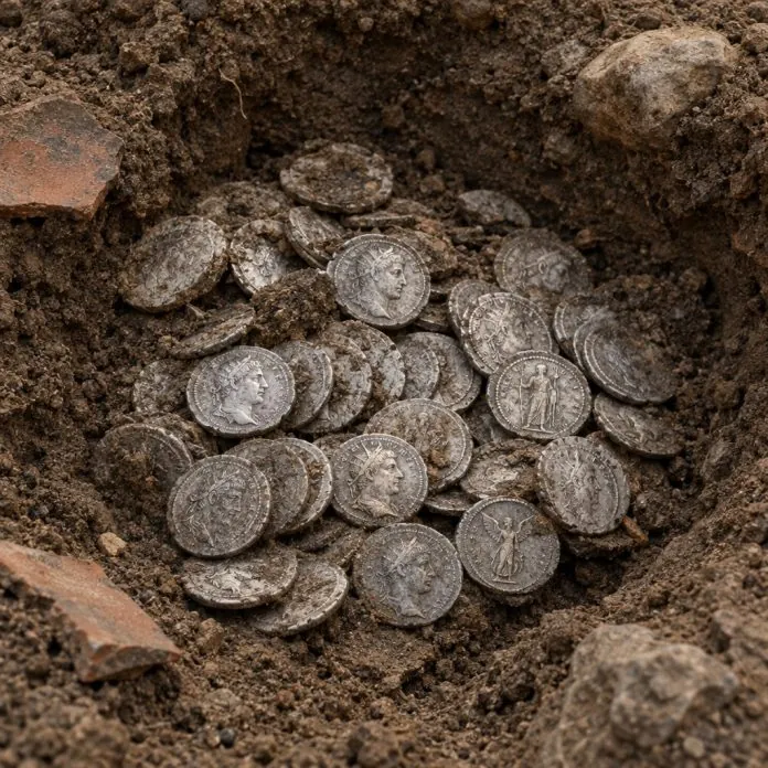 Ricostruzione illustrativa del tesoro di 934 denari romani d’argento scoperto a Wesseling, vicino a Colonia