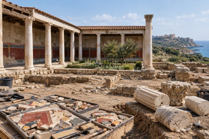 Ricostruzione editoriale degli affreschi e del peristilio romano emersi accanto all’ekklesiasterion di Agrigento