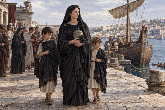 Agrippina Maggiore porta le ceneri di Germanico Ricostruzione illustrativa di Agrippina Maggiore con l’urna delle ceneri di Germanico al porto di Brindisi