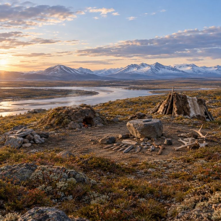 Ricostruzione editoriale di un accampamento preistorico nella tundra dell’Alaska, con focolare e strumenti in pietra