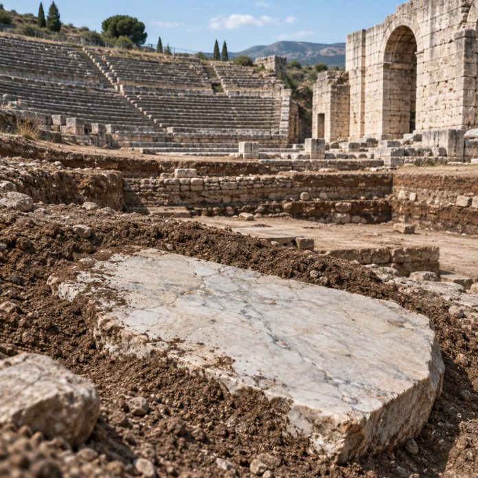 Ricostruzione editoriale di uno scavo nel teatro romano di Aquinum con una lastra marmorea emersa dal terreno