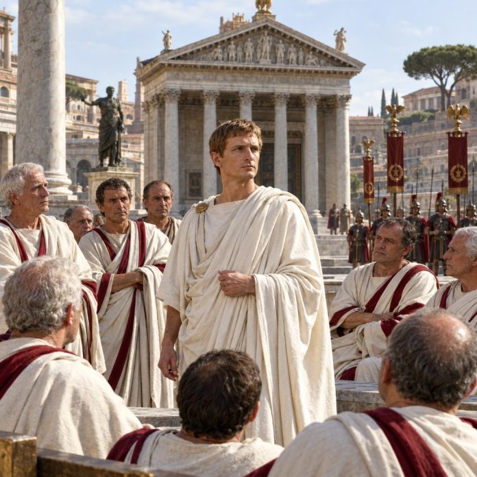 Ricostruzione editoriale di Augusto davanti ai senatori nel Foro romano, con insegne militari sullo sfondo