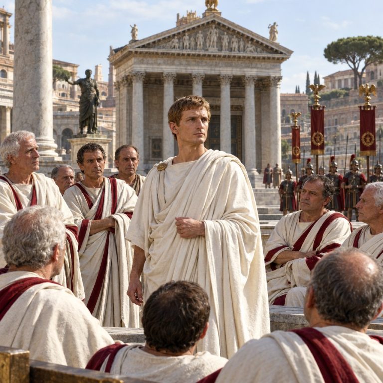 Ricostruzione editoriale di Augusto davanti ai senatori nel Foro romano, con insegne militari sullo sfondo