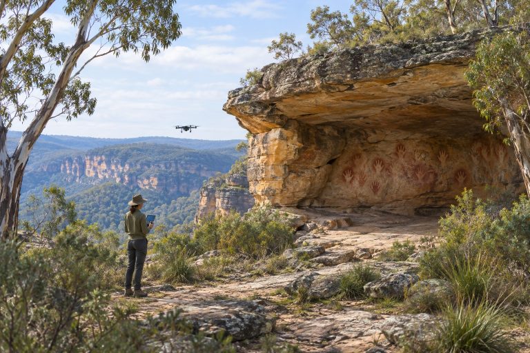 Ricostruzione illustrativa di un riparo rupestre nelle Blue Mountains con stencil di mani rosse e una ricercatrice con drone LiDAR