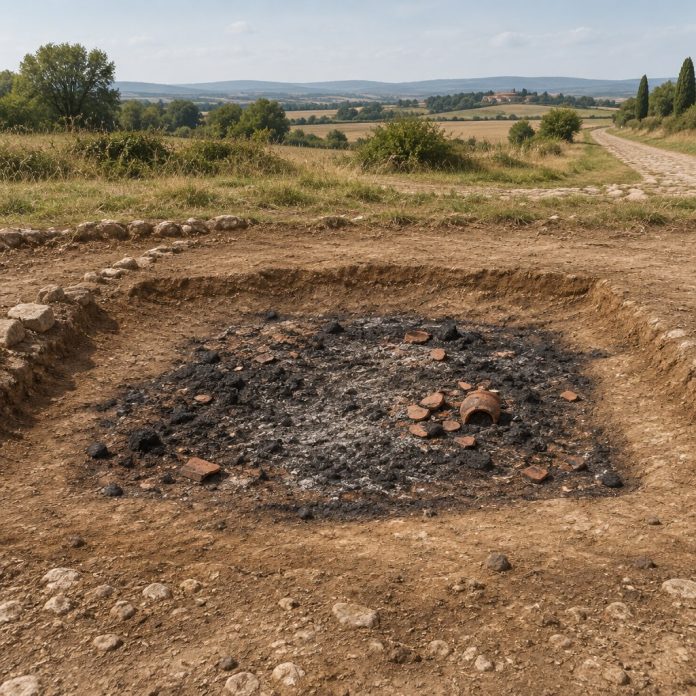 Ricostruzione del rogo funerario romano di Bure Ricostruzione editoriale di un'area di cremazione romana del I secolo a Bure