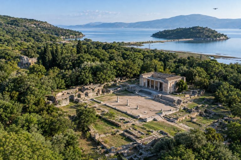 Ricostruzione editoriale di Butrinto con strutture archeologiche emerse dal LiDAR vicino al Foro romano.
