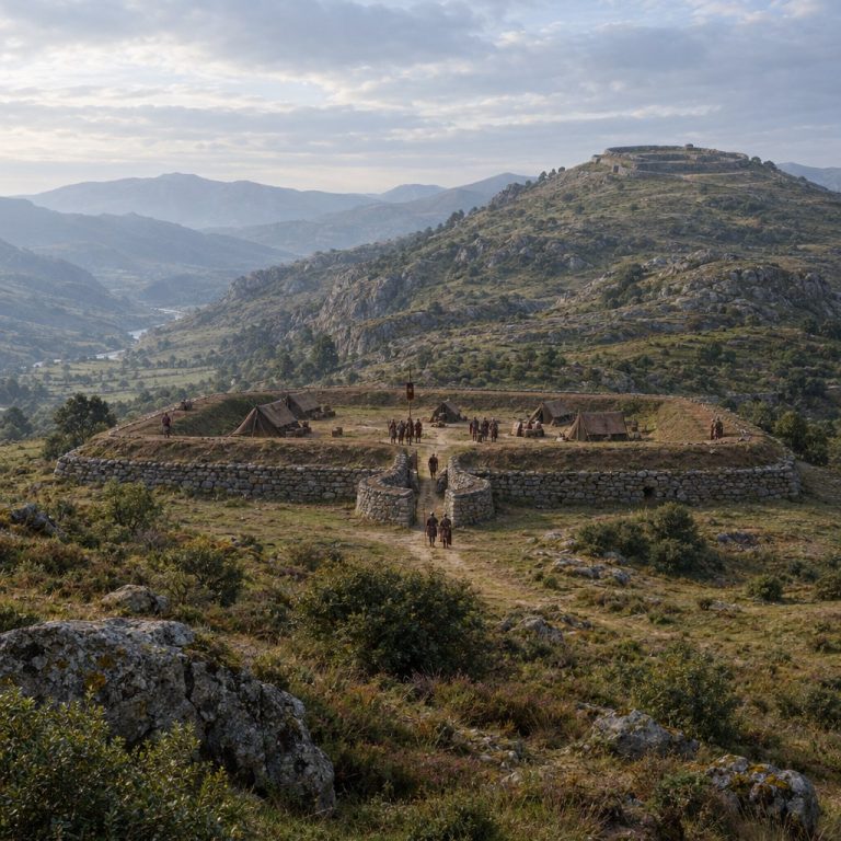 Ricostruzione illustrativa di un campo romano presso La Peña del Castro, con ingresso curvo e il castro sullo sfondo
