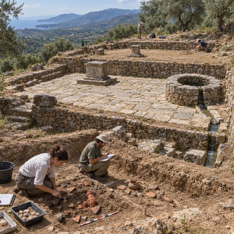 Ricostruzione illustrativa dello scavo del santuario lucano di Caselle in Pittari, con terrazze, pozzo rituale e reperti archeologici.