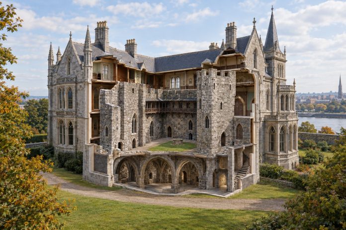 Ricostruzione editoriale del castello medievale di Roebuck inglobato nell’edificio vittoriano dell’University College Dublin