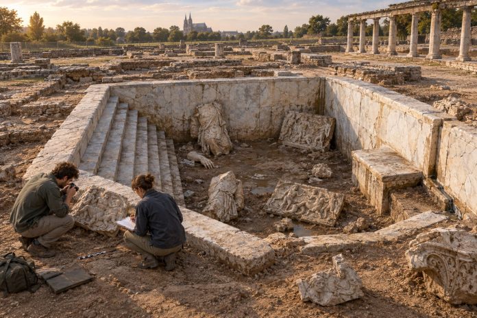 Ricostruzione editoriale dello scavo del bacino marmoreo con frammenti di sculture romane nel santuario di Saint-Martin-au-Val a Chartres