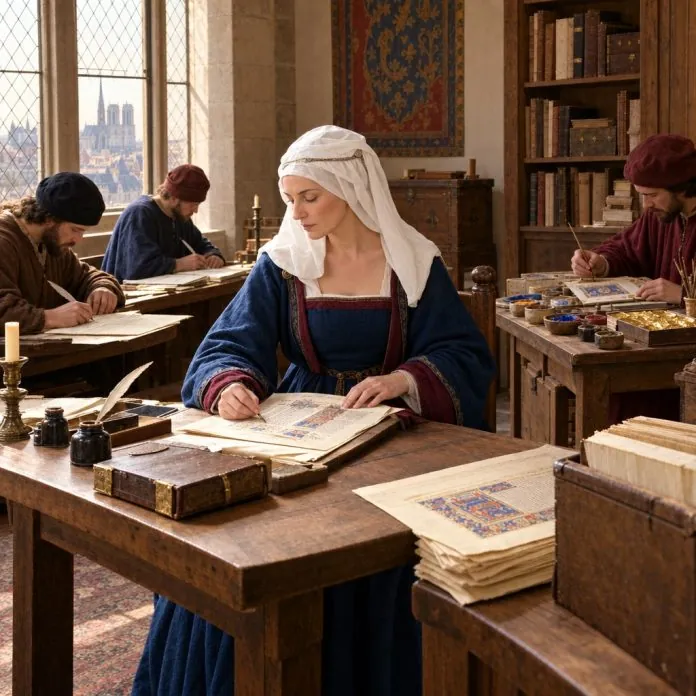 Ricostruzione editoriale di Christine de Pizan mentre dirige un atelier di manoscritti nella Parigi del primo Quattrocento