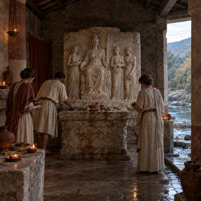 Ricostruzione editoriale del tempio pagano tardoantico di Balak Dere con un rilievo di Cibele e tre ninfe