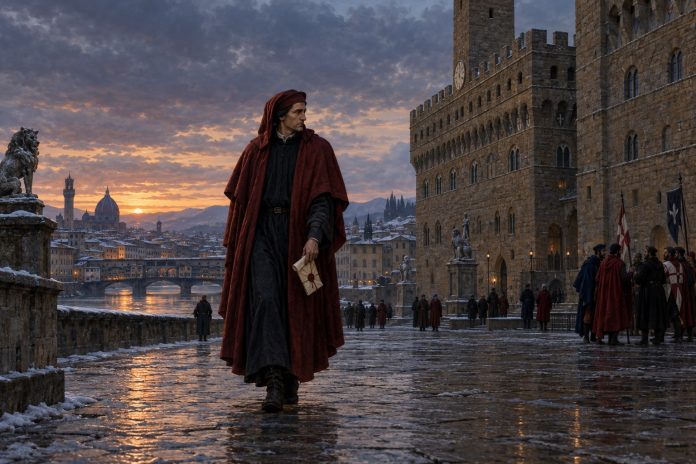 Ricostruzione editoriale di Dante Alighieri che lascia la Firenze medievale con un documento di condanna.