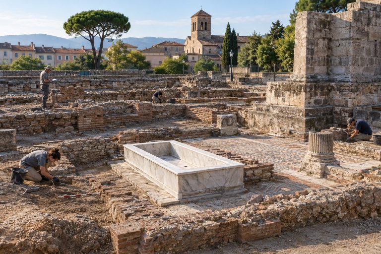 Ricostruzione editoriale di uno scavo a Fréjus con domus romana, bacino di marmo e fondazioni monumentali.