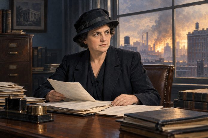 Frances Perkins e il New Deal Illustrazione di Frances Perkins al lavoro su riforme sociali e norme per la sicurezza dei lavoratori negli anni Trenta