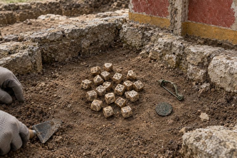 Ricostruzione artistica dei dadi romani in osso scoperti nello scavo di Grand, nei Vosgi
