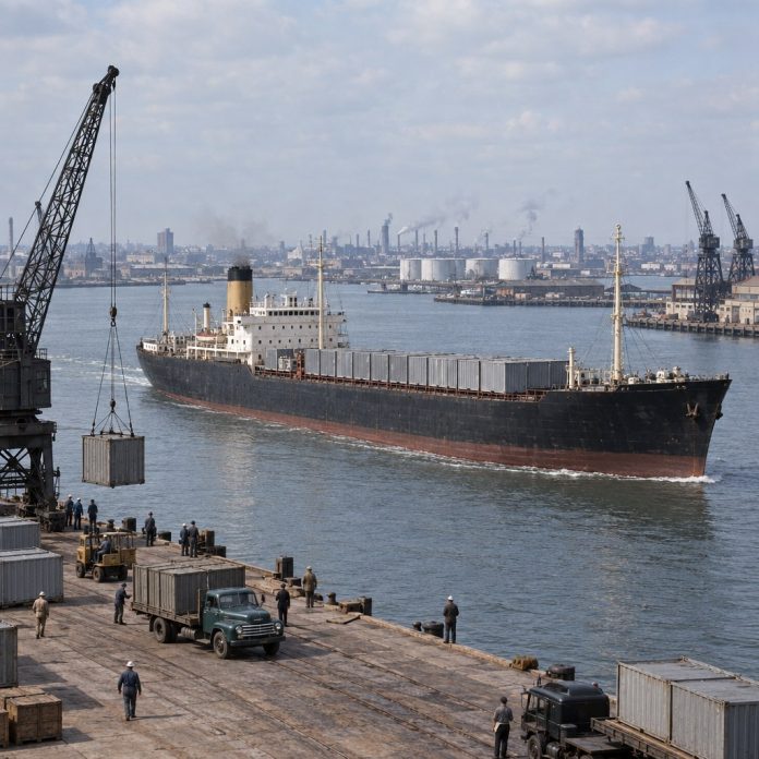 Ricostruzione editoriale della petroliera Ideal X con 58 container in partenza da Port Newark nel 1956