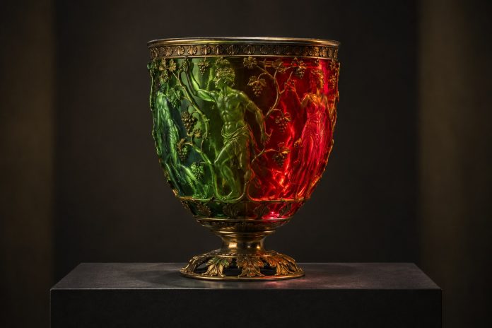Bicchiere di Licurgo e vetro romano cangiante Ricostruzione illustrativa di un bicchiere romano in vetro cangiante, verde in riflessione e rosso in trasparenza