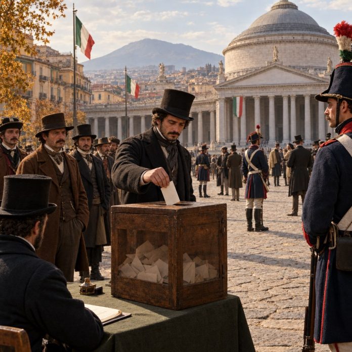 Plebiscito del 1860: voto per l’unità italiana Ricostruzione editoriale di un seggio del plebiscito del 1860 a Napoli, con urna elettorale e piazza neoclassica sullo sfondo.