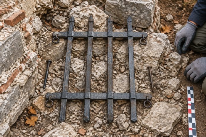 Ricostruzione illustrativa di una grata di ferro romana tra le macerie di un muro ad Augusta Raurica