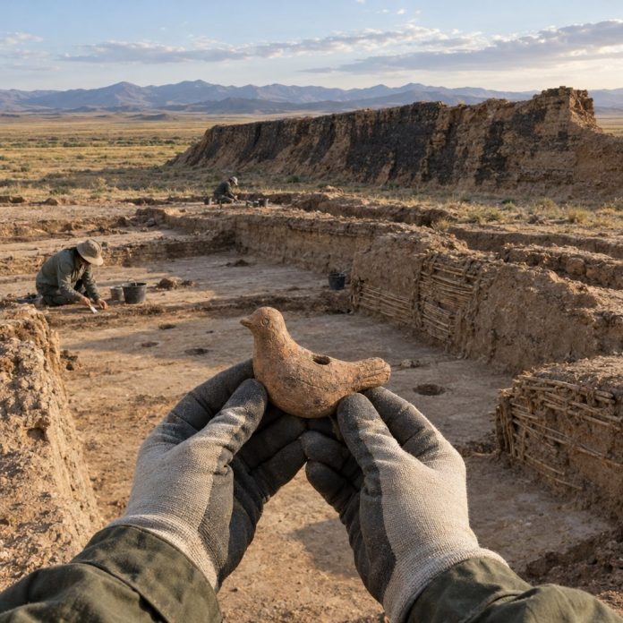 Ricostruzione illustrata dello scavo dell’insediamento fortificato di Kalzhyr nel Kazakistan orientale