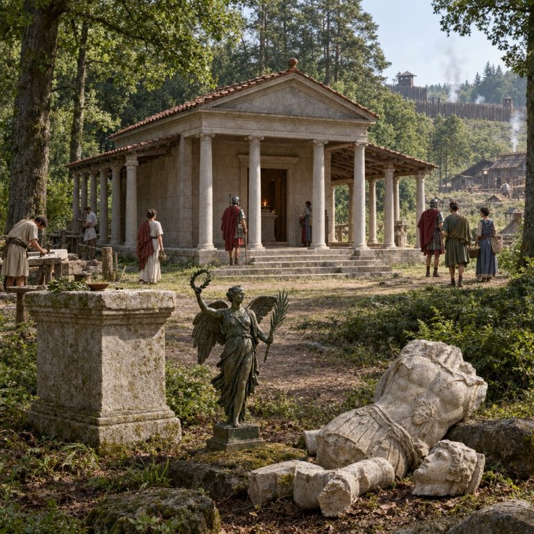 Ricostruzione editoriale del tempio di Marte nel vicus romano di Kapersburg, ai margini del bosco
