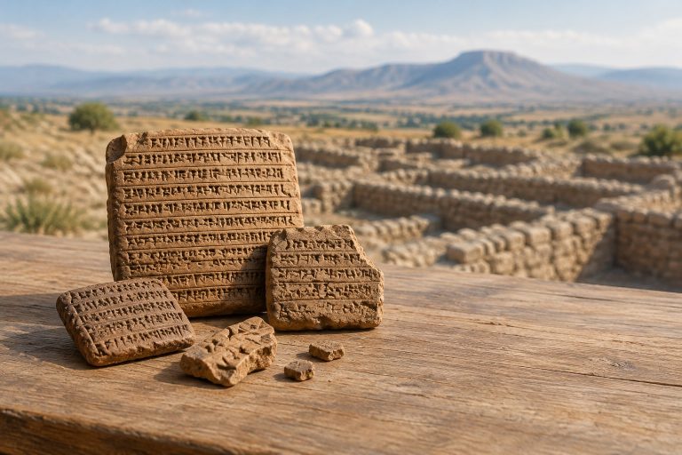 Ricostruzione illustrativa di tavolette cuneiformi ittite su un tavolo di lavoro archeologico a Kayalıpınar