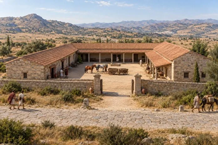 Mansio romana di Mellaria sulla via Córdoba-Mérida Ricostruzione illustrata di una mansio romana a Mellaria, con cortile, cavalli e carro lungo una strada dell’Hispania.