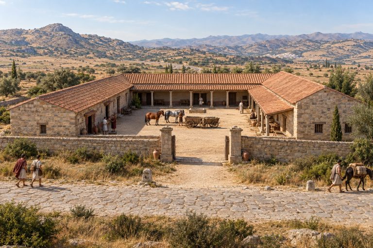 Ricostruzione illustrata di una mansio romana a Mellaria, con cortile, cavalli e carro lungo una strada dell’Hispania.