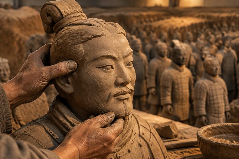 Mano di un artigiano che modella un guerriero di terracotta nell'antica Cina