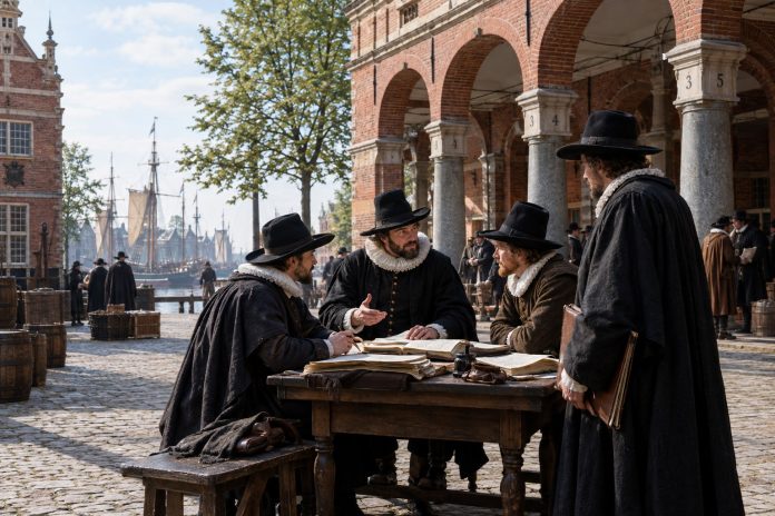 Ricostruzione illustrata di mercanti nella Borsa di Amsterdam del 1611