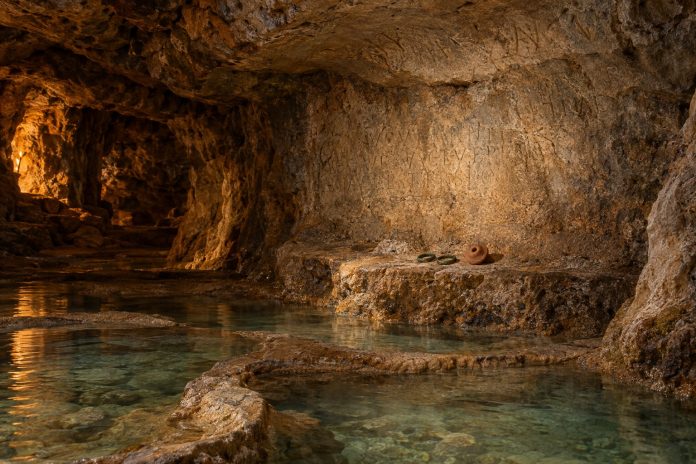 Cova Dones: santuario romano sotterraneo Ricostruzione illustrativa del santuario romano sotterraneo di Cova Dones, con iscrizioni latine e offerte rituali
