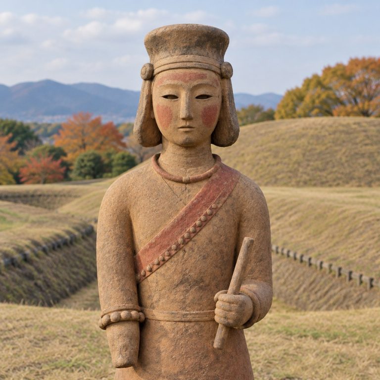 Ricostruzione editoriale di una haniwa femminile del V secolo con fascia e tracce di rosso, emersa da un tumulo di Gunma