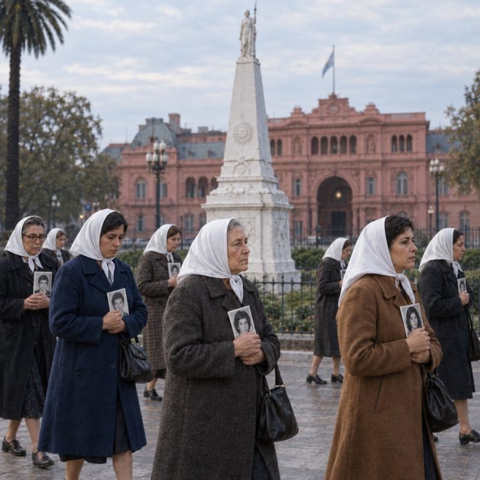 Ricostruzione illustrata delle Madri di Plaza de Mayo durante una ronda nel 1977