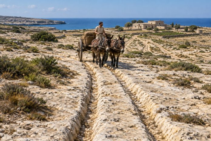 Ricostruzione editoriale dei solchi paralleli nella roccia calcarea di Malta percorsi da un carro in età romana