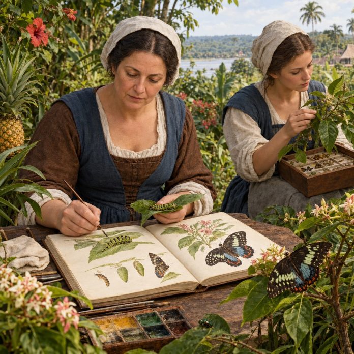 Maria Sibylla Merian osserva una farfalla e il suo bruco in Suriname durante la spedizione del 1699