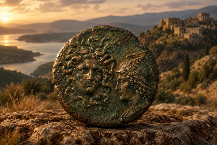 Moneta antica con Medusa e Perseo, immagine editoriale sul regno di Mitridate contro Roma