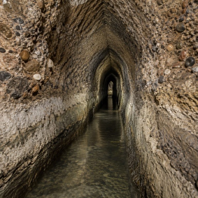 Condotto ipogeo scavato nella roccia, rappresentazione editoriale dell’acquedotto preromano di Monteleone Sabino