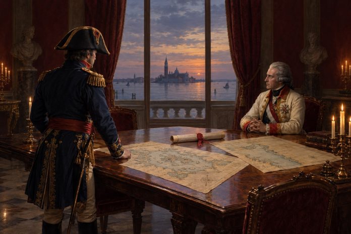 Campoformio, la cessione di Venezia Ricostruzione editoriale della firma del trattato di Campoformio, con mappe della Repubblica di Venezia sul tavolo