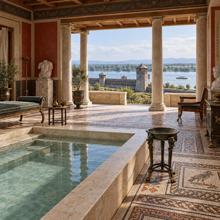 Ricostruzione editoriale di un possibile praetorium romano a Novae con bagno privato e mura della fortezza sul Danubio.
