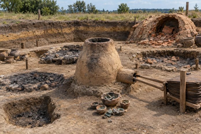 Archaeological excavation site with a large clay kiln at center and scattered pottery around it, bricks in a brick arch to the right, and dug circular pits in dusty earth.