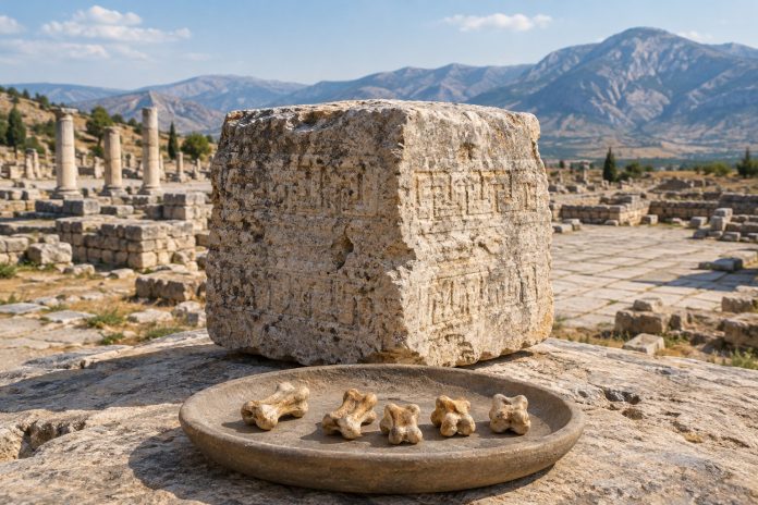 Illustrazione del monumento oracolare di Kibyra con cinque astragali davanti al blocco di calcare inciso