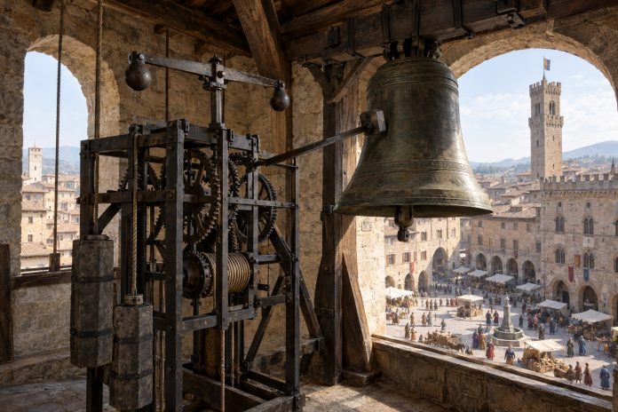 Meccanismo di un orologio pubblico medievale con campana sopra una piazza cittadina del Trecento